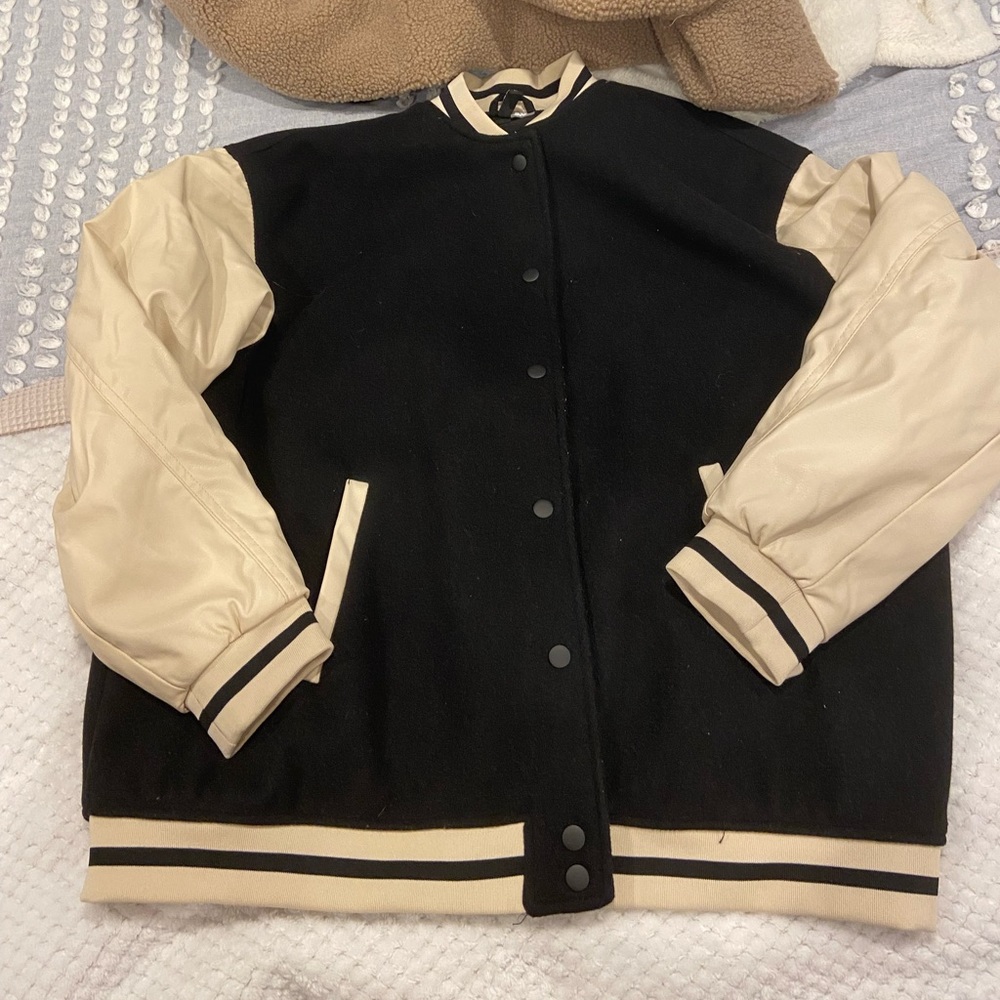 H&M black and cream varsity jacket size M